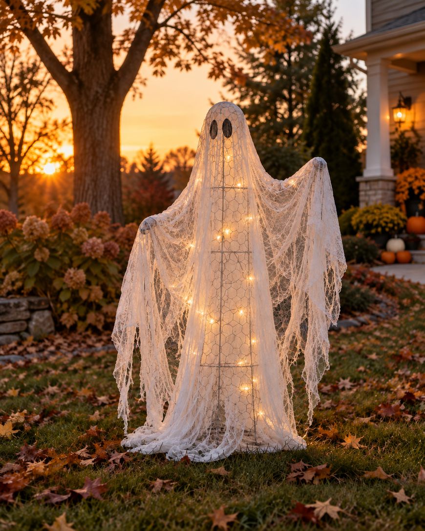 A ghost Halloween decoration made of white fabric and string lights stands on a lawn surrounded by autumn leaves, with a house and trees in the background at sunset.