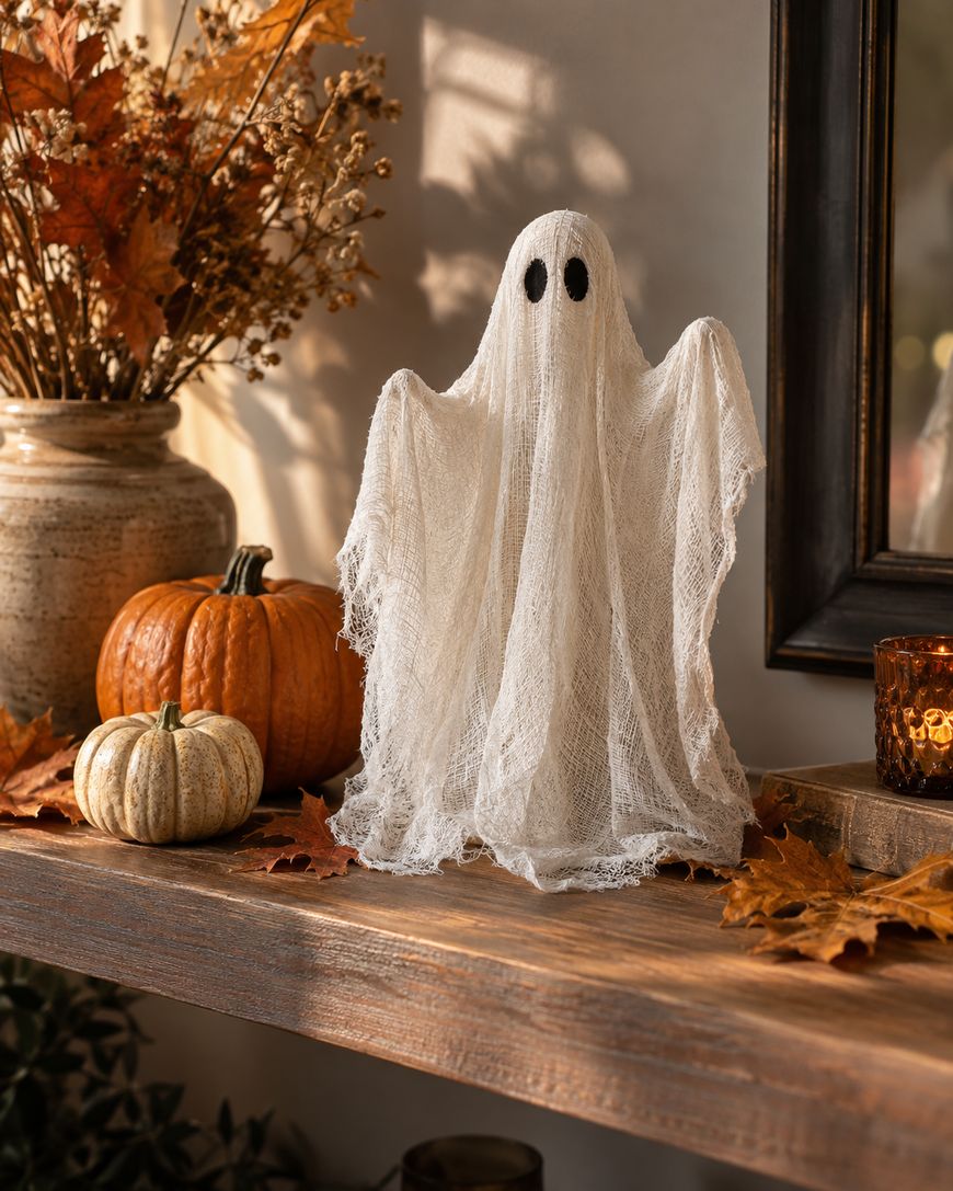 A small ghost decoration made of white fabric with black eyes sits on a wooden shelf, surrounded by pumpkins, autumn leaves, dried flowers, and a candle in a cozy fall setting.