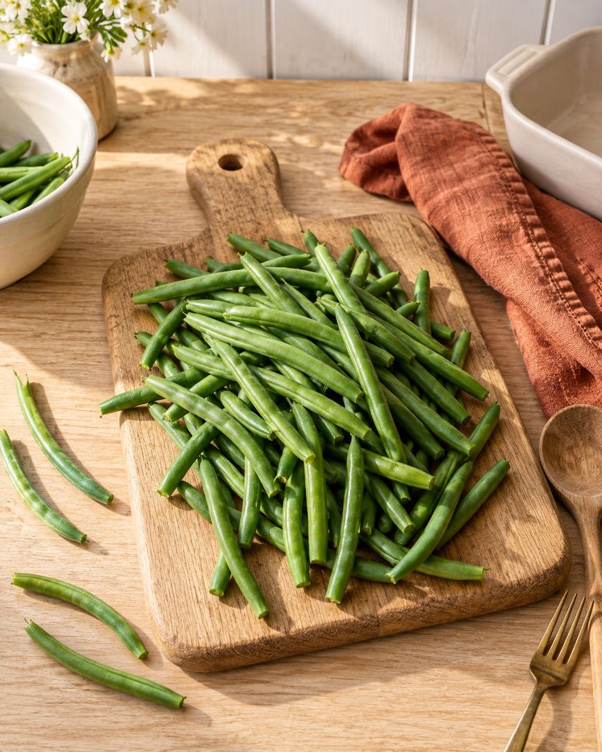 A pile of fresh green beans sits on a wooden cutting board, with a few loose beans nearby. The scene includes a brown napkin, wooden utensils, and a bowl, all set on a wooden table in warm sunlight.