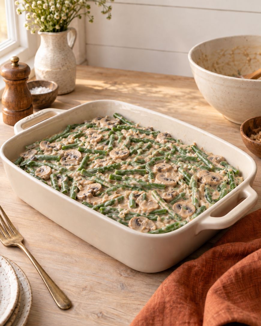 A casserole dish filled with green bean casserole topped with sliced mushrooms sits on a wooden table, surrounded by plates, a fork, a napkin, a bowl, salt and pepper shakers, and a vase with flowers.
