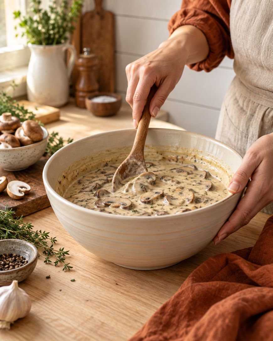 A person stirs creamy mushroom soup in a large bowl on a wooden kitchen counter, surrounded by fresh herbs, mushrooms, garlic, and a pepper bowl.