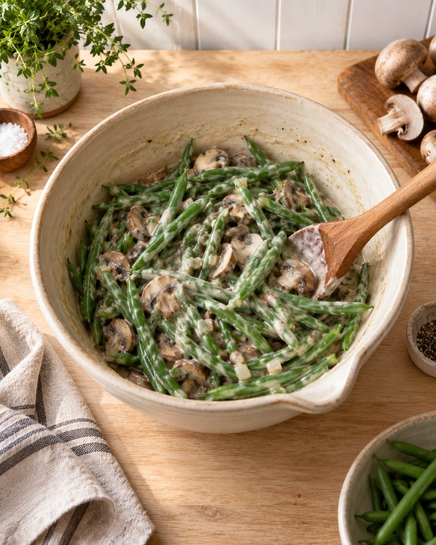 A ceramic bowl filled with creamy green bean and mushroom casserole sits on a wooden table, surrounded by fresh mushrooms, herbs, a striped towel, and a bowl of green beans. A wooden spoon rests in the casserole.