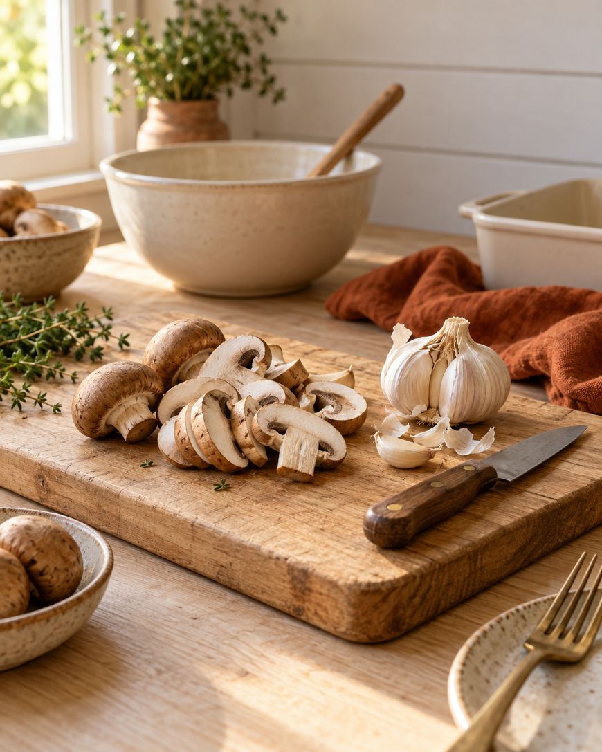 A wooden cutting board with sliced mushrooms, whole mushrooms, garlic, and a knife sits on a kitchen counter. Ceramic bowls, a sprig of herbs, and a warm, sunlit atmosphere are in the background.