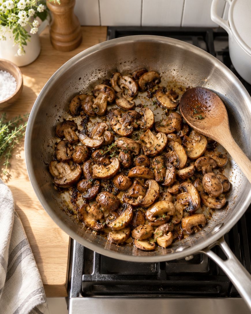 Sliced mushrooms sautéed with herbs in a stainless steel pan on a stove, with a wooden spoon resting inside. Some fresh herbs and kitchen items are visible around the stove.
