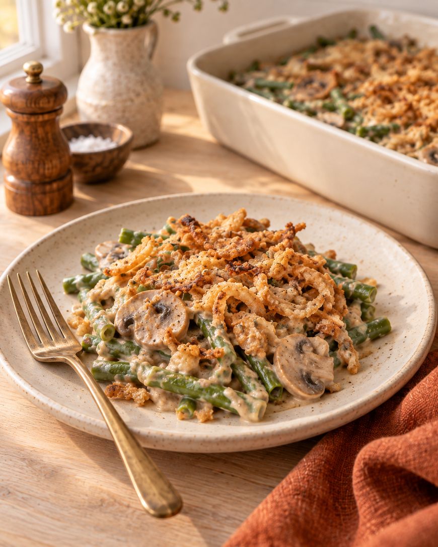 A plate of green bean casserole with mushrooms and crispy topping sits on a table with a fork, near a larger dish of casserole, salt, pepper grinders, and a small vase of flowers.