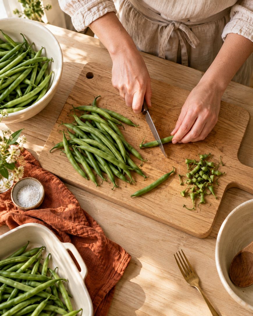 A person trims fresh green beans on a wooden cutting board, surrounded by bowls of green beans and a ceramic dish. Sunlight illuminates the cozy kitchen scene.