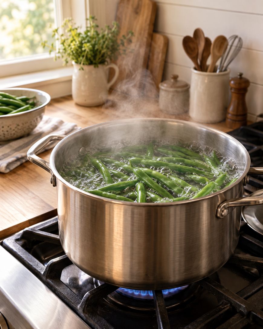 A stainless steel pot filled with boiling water and green beans sits on a lit stove. Steam rises from the pot. Kitchen utensils, a bowl of green beans, and potted herbs are visible on the wooden counter in the background.
