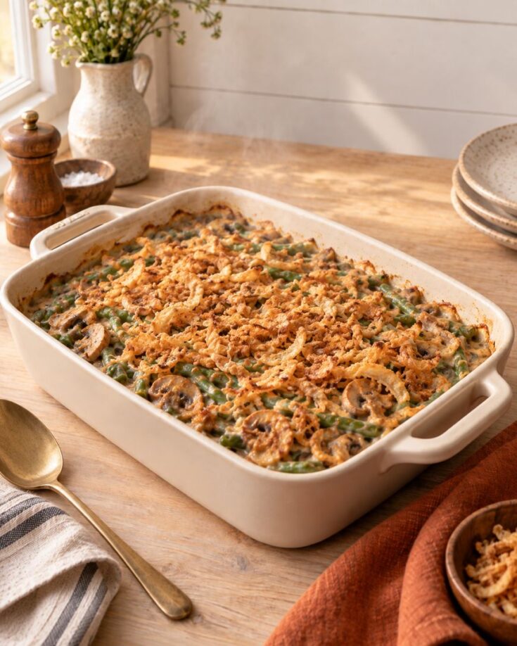 A baked green bean casserole topped with crispy fried onions sits on a wooden table with a spoon, striped napkin, plates, a brown bowl, a pepper grinder, and a vase of flowers nearby. Steam rises gently from the dish.