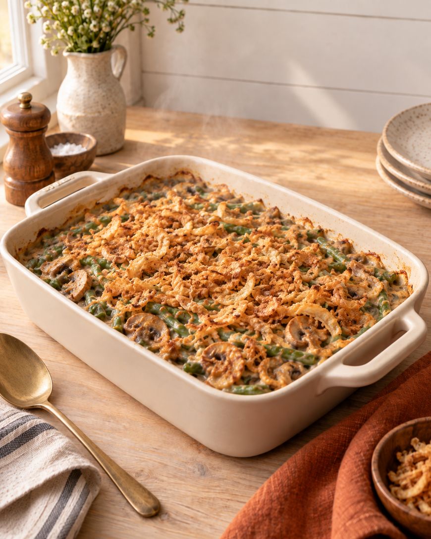 A baked green bean casserole topped with crispy fried onions sits on a wooden table with a spoon, striped napkin, plates, a brown bowl, a pepper grinder, and a vase of flowers nearby. Steam rises gently from the dish.