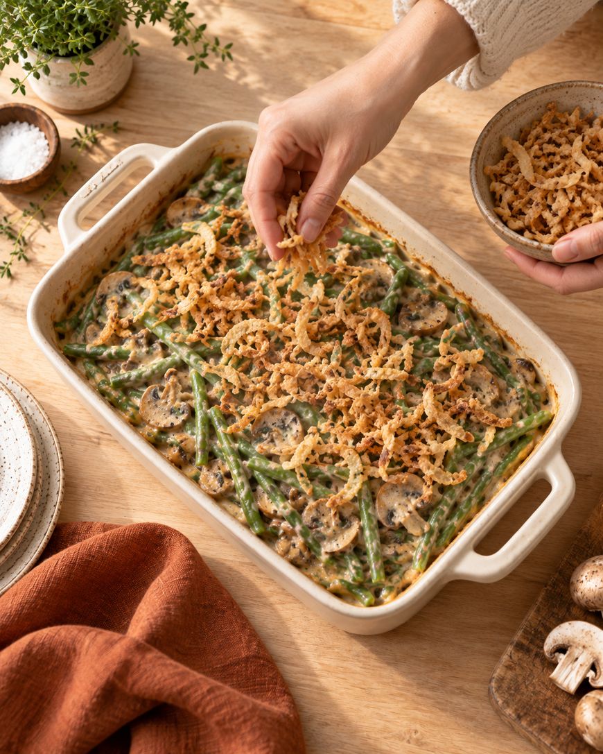 A person sprinkles crispy fried onions on a green bean casserole with mushrooms in a baking dish on a wooden table.