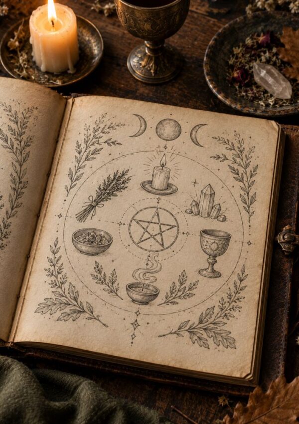 An open book with a pentagram, candle, crystals, herbs, a chalice, and symbols of the moon drawn on its pages. A lit candle, dried flowers, and crystals are on the wooden table nearby.