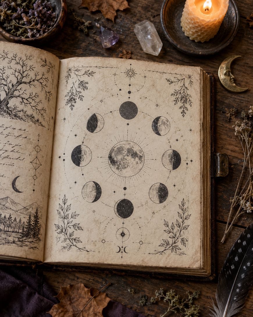 An open grimoire page shows lunar phases in a circle around a full moon illustration, with botanical drawings, a candle, and crystals nearby.