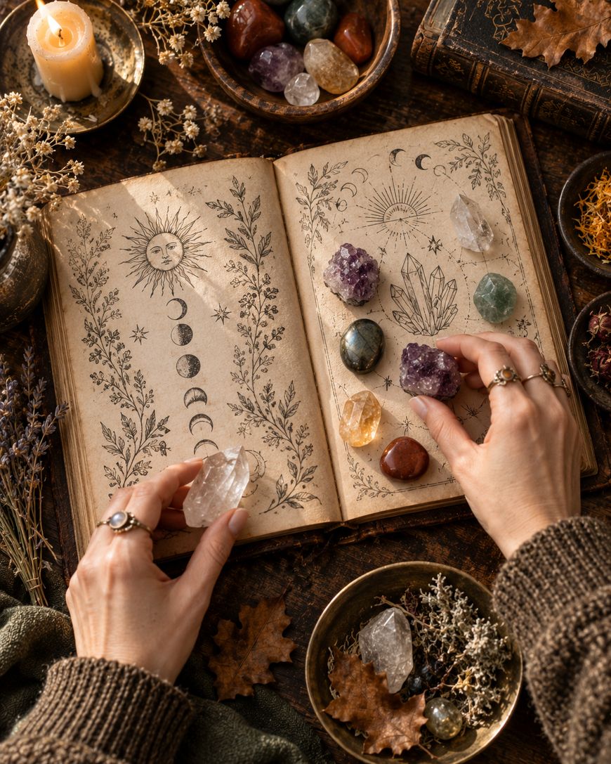 An open grimoire page with celestial and plant illustrations, surrounded by crystals, dried flowers, a candle, and a person's hands arranging crystals.