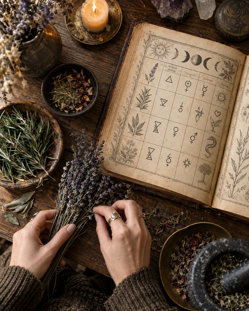 A person arranges dried lavender next to an open book with astrological symbols and plants, surrounded by dried herbs, a candle, and a mortar and pestle.