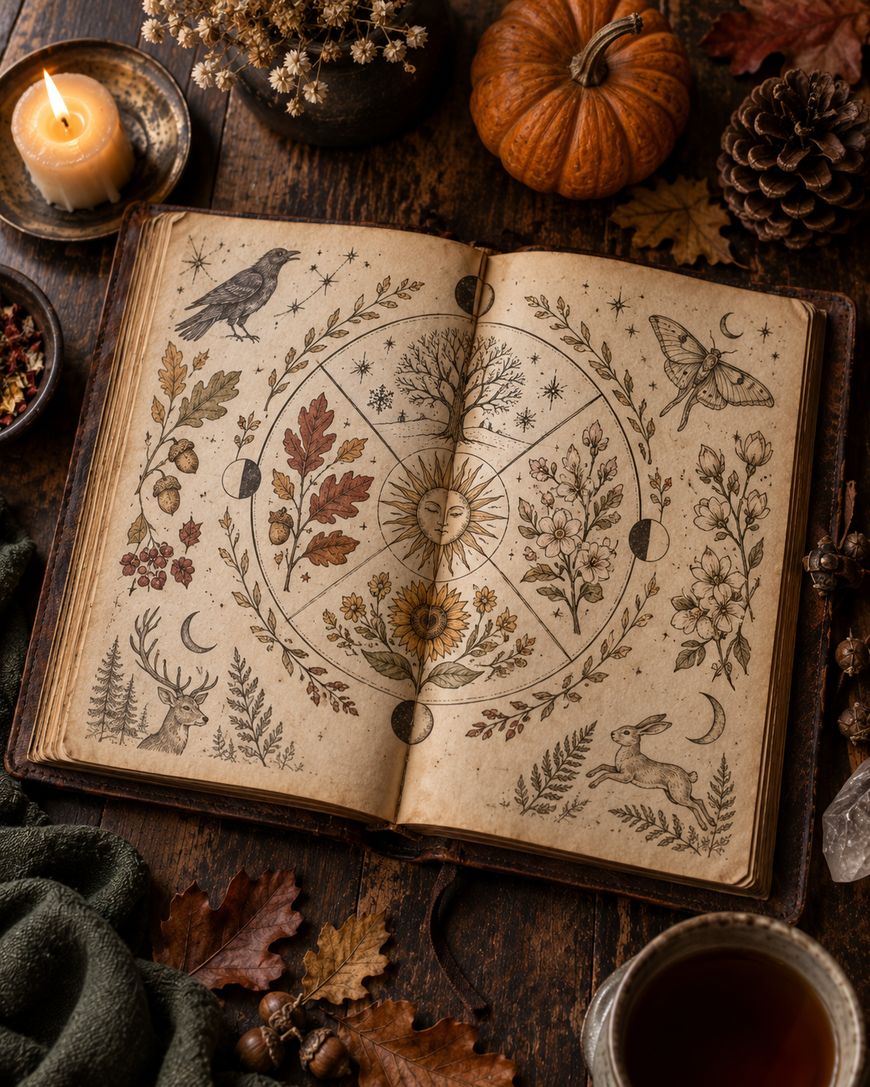 An open grimoire dream journal page with a wheel-shaped illustration surrounded by autumn leaves, a pumpkin, and a lit candle.