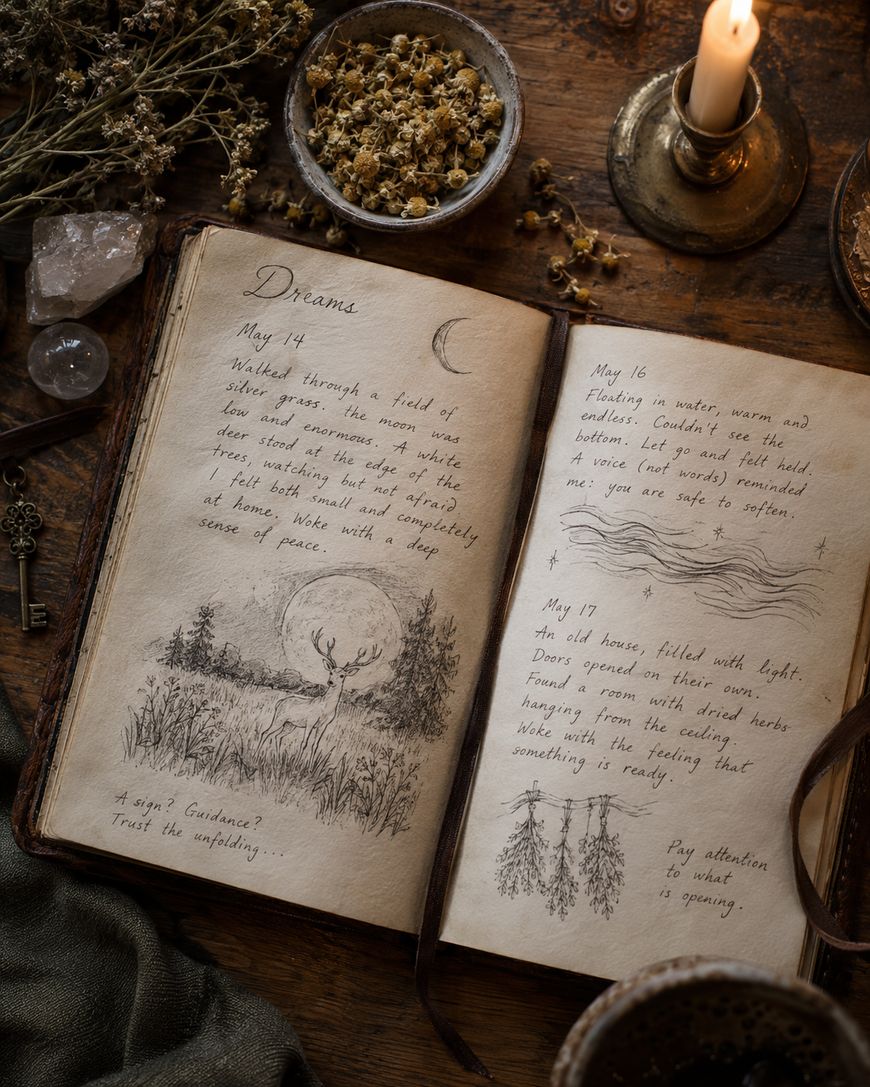 An open journal page with handwritten notes and small illustrations, surrounded by crystals, dried herbs, and a candle on a rustic wooden table.