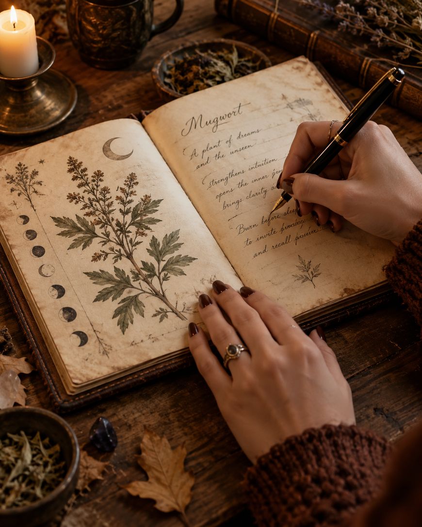 A hand writes in a grimoire page tracking moon phases next to a botanical mugwort illustration, surrounded by candles and dried herbs.