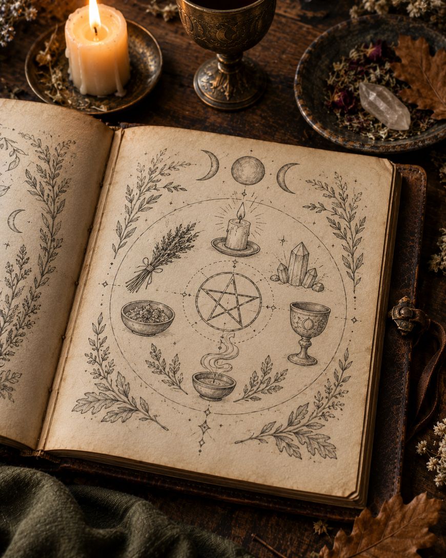 An open grimoire page with a pentagram, candle, crystals, and herbs drawn on it, surrounded by a lit candle and crystals on a rustic table.