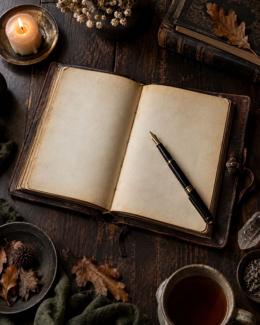 An open blank grimoire journal page with a fountain pen resting on it, surrounded by a candle, dried leaves, and a cup of tea.