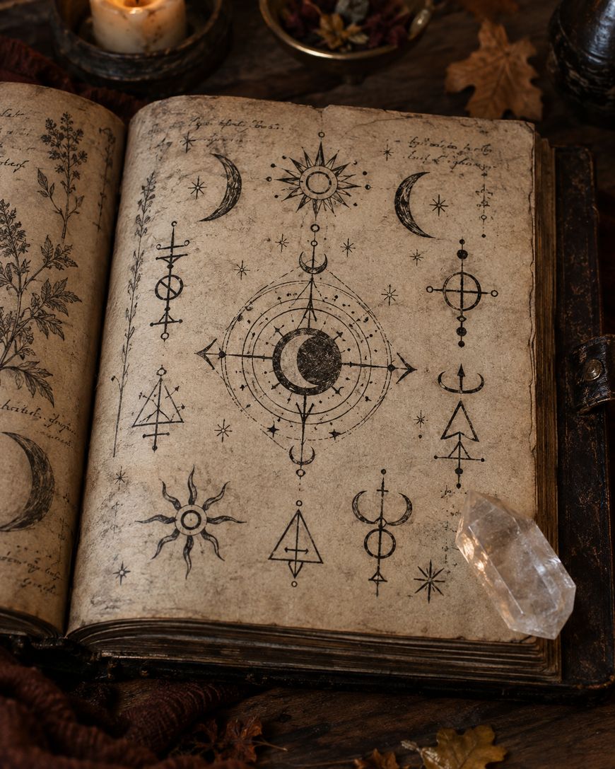 An open grimoire page with celestial symbols, moons, stars, and geometric shapes, with a clear crystal resting on the page.