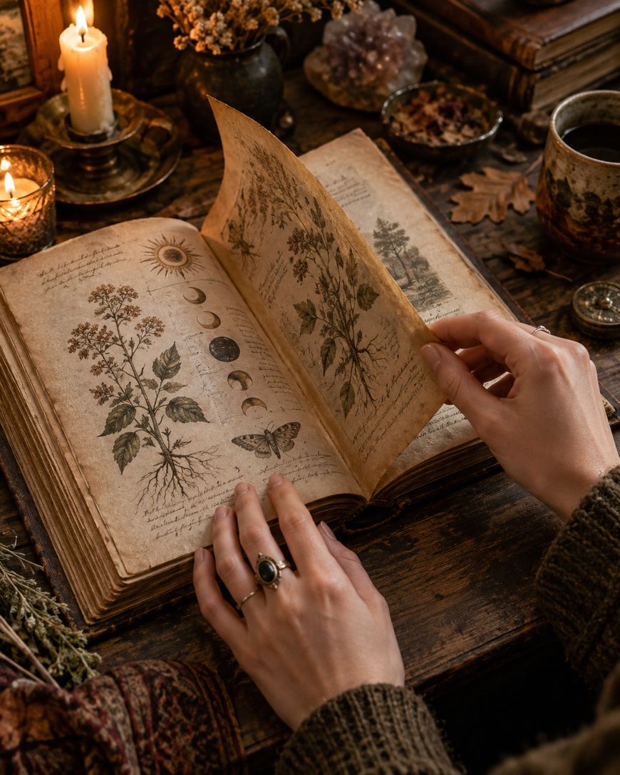 An open ancient book with mystical illustrations and a woman's hand turning the page, surrounded by candles and dried herbs on a wooden table.