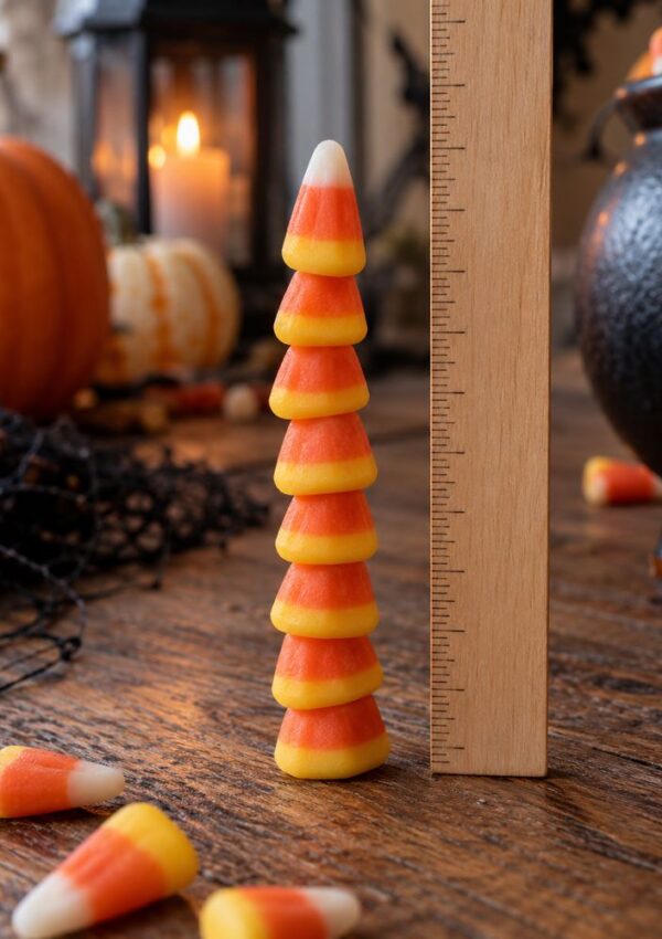 A tall stack of candy corn is placed next to a wooden ruler on a wooden table, with pumpkins, a black cauldron, and a lit candle in the background.