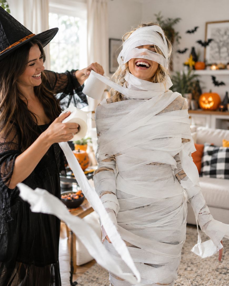 Two women in a living room, one dressed as a witch and the other being wrapped in toilet paper like a mummy, both laughing. Halloween decorations and pumpkins are in the background.