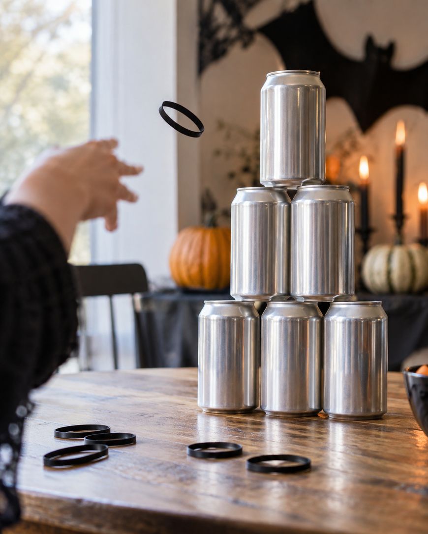 A hand tosses a ring toward a pyramid of stacked cans on a wooden table. Pumpkins, candles, and Halloween decorations appear in the background.