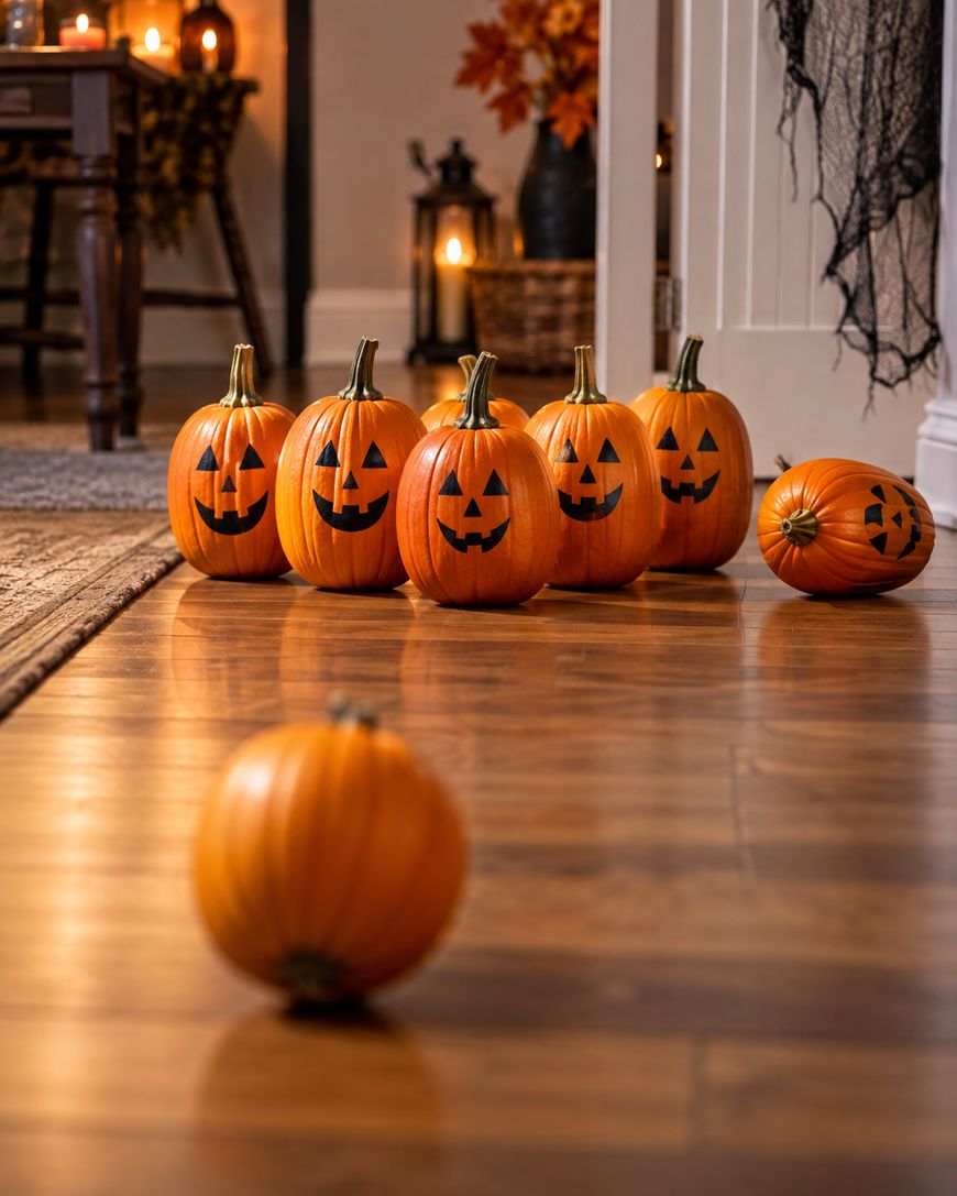 Six jack-o-lantern pumpkins are set up like bowling pins on a wooden floor, with one pumpkin rolling toward them. Halloween decorations and candles are visible in the warmly lit background.