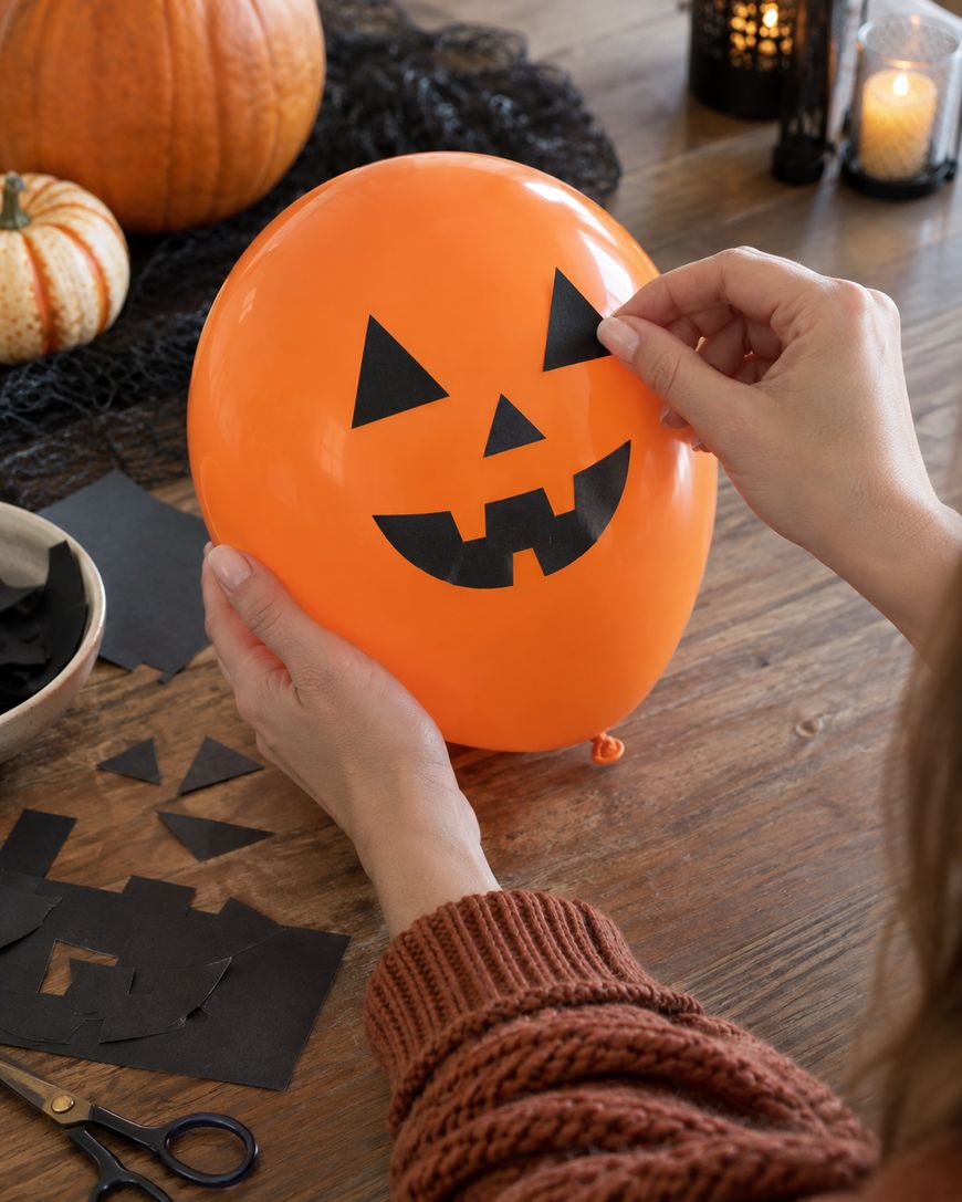 Person placing black paper cutouts of eyes, nose, and mouth on an orange balloon to create a jack-o-lantern face. Scissors, paper scraps, and pumpkins are on a wooden table.