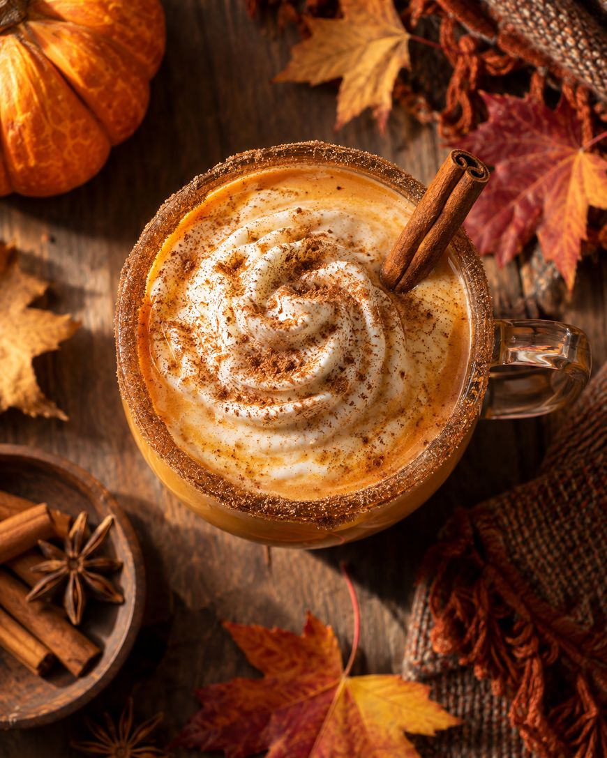 A mug of pumpkin spice latte topped with whipped cream, cinnamon, and a cinnamon stick, surrounded by autumn leaves, a mini pumpkin, and spices on a rustic wooden table.