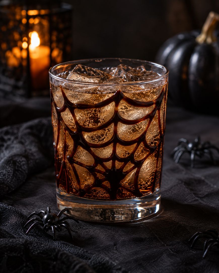 A glass of iced dark drink with a chocolate spiderweb design, surrounded by fake spiders, a candle, and a black pumpkin, creating a spooky Halloween theme.