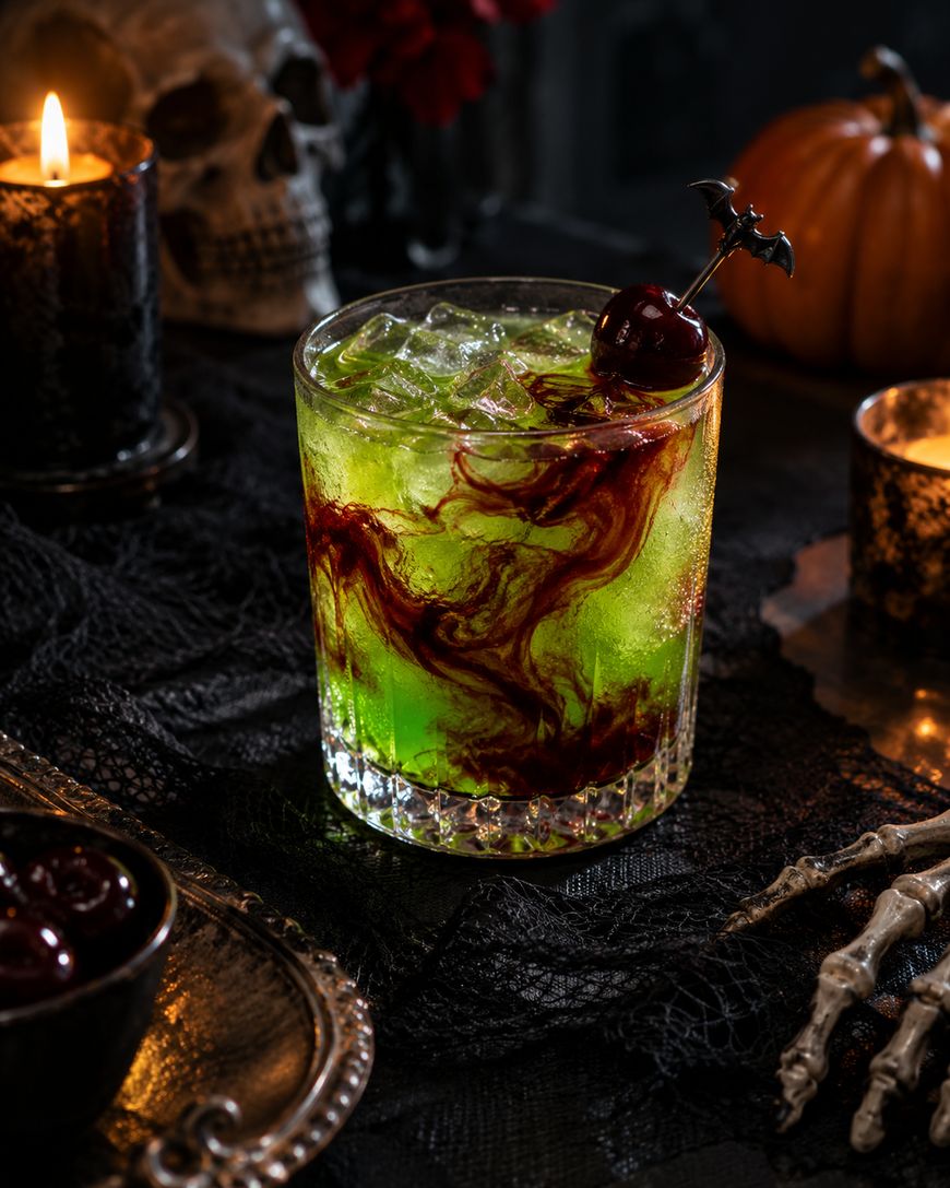 A green cocktail with red swirls, garnished with a cherry and bat pick, sits on a dark table with candles, a skull, a pumpkin, lace, and eerie decor, creating a spooky Halloween atmosphere.