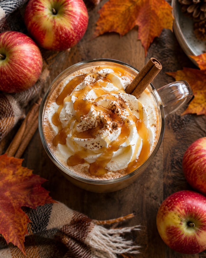 A mug of whipped cream-topped coffee drizzled with caramel and sprinkled with cinnamon, garnished with a cinnamon stick, surrounded by apples, autumn leaves, and a plaid scarf on a wooden table.
