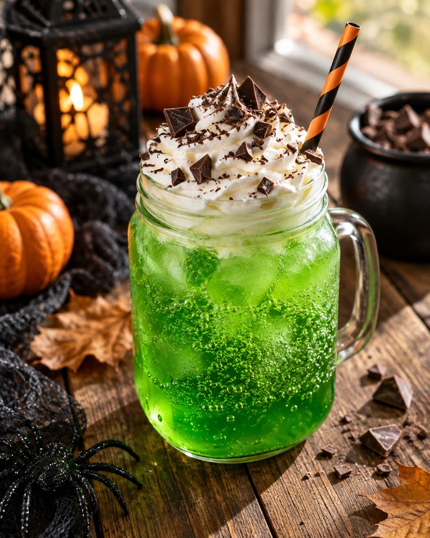 A green Halloween drink with ice in a mason jar, topped with whipped cream, chocolate shavings, and a striped straw. Surrounded by pumpkins, candle, and Halloween decor on a wooden table.