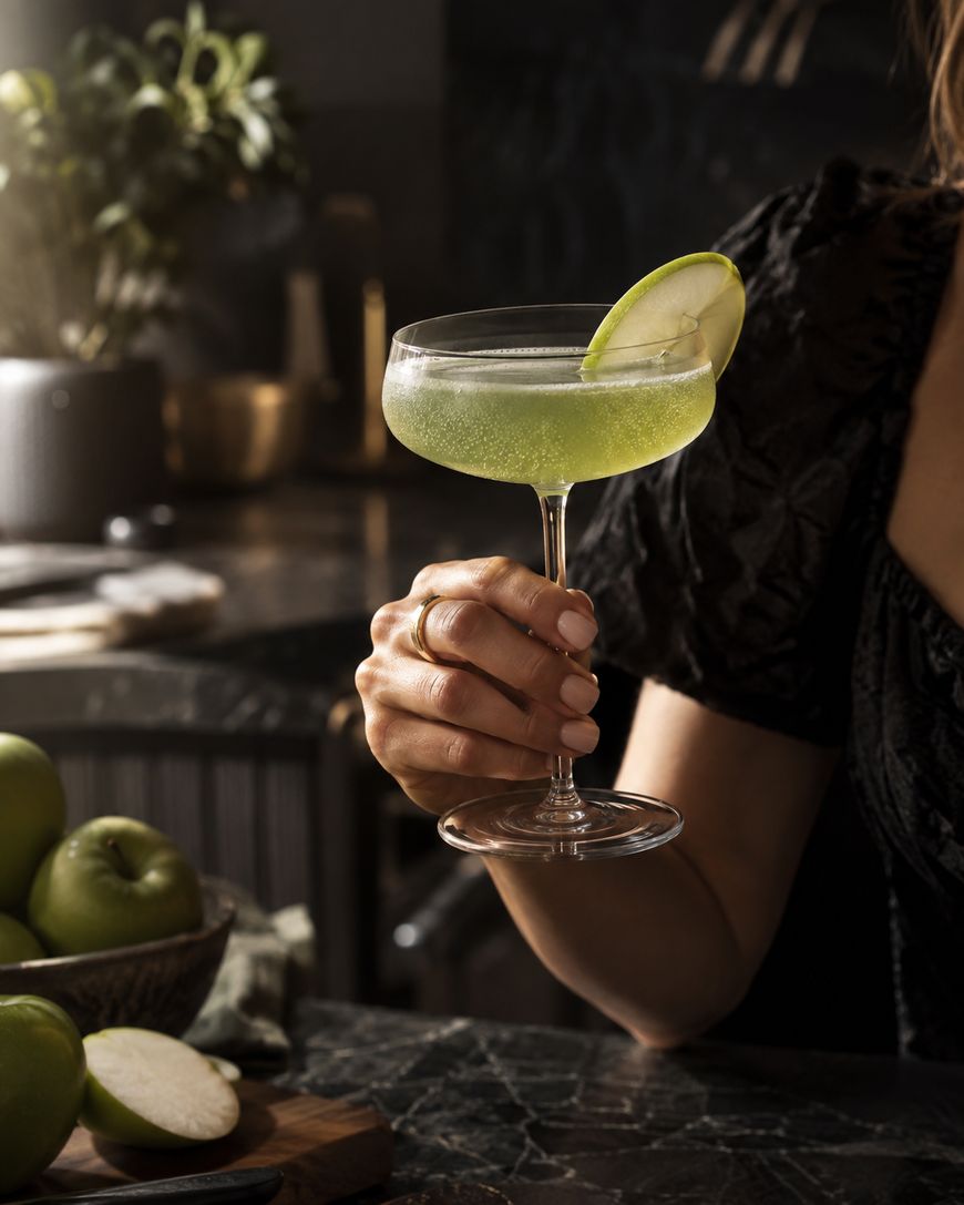 A person holds a coupe glass filled with a green cocktail, garnished with a slice of green apple. Green apples and apple slices are on a table nearby in a dimly lit kitchen.