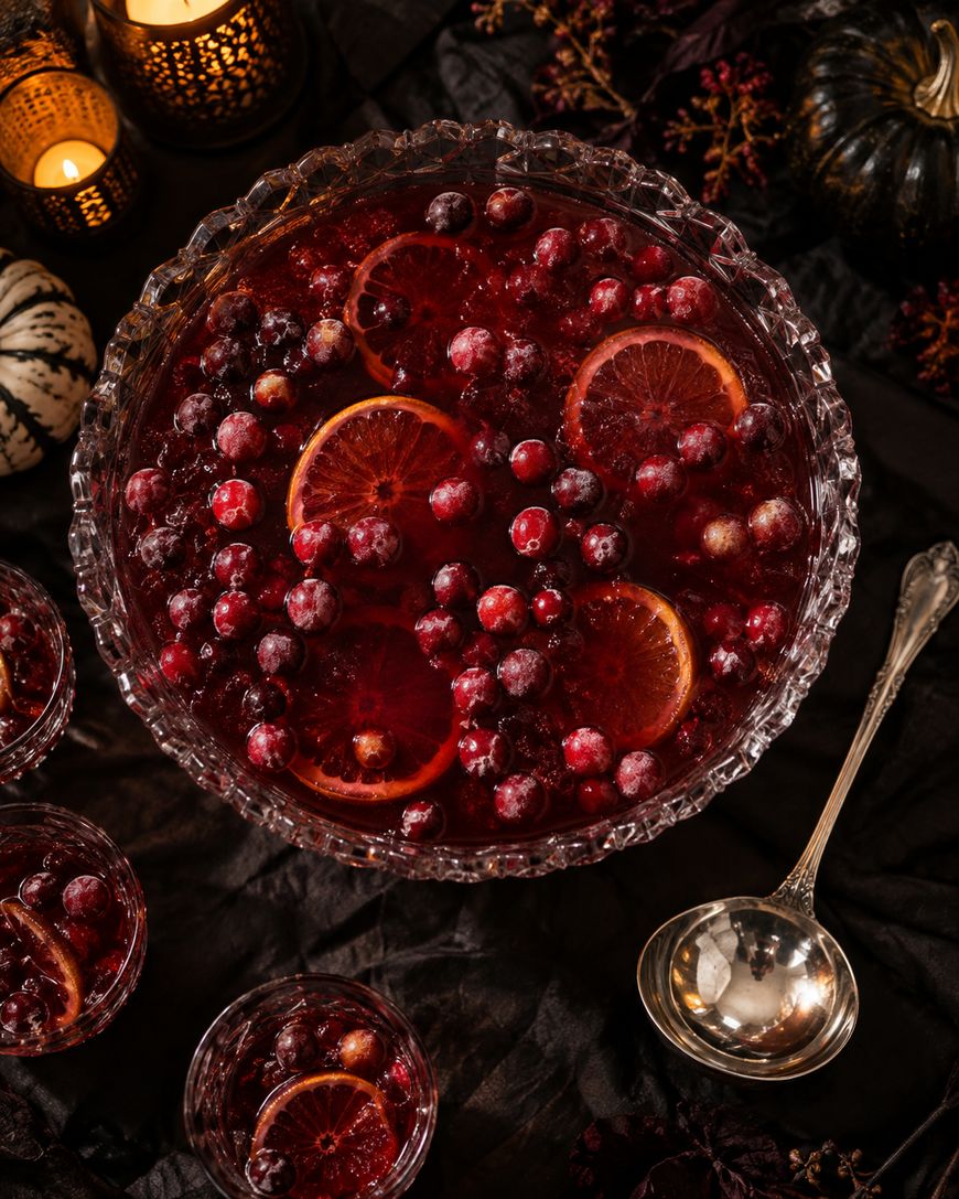 A glass bowl of cranberry punch with orange slices and cranberries, surrounded by candles, small pumpkins, and a ladle, all set on a dark tablecloth.