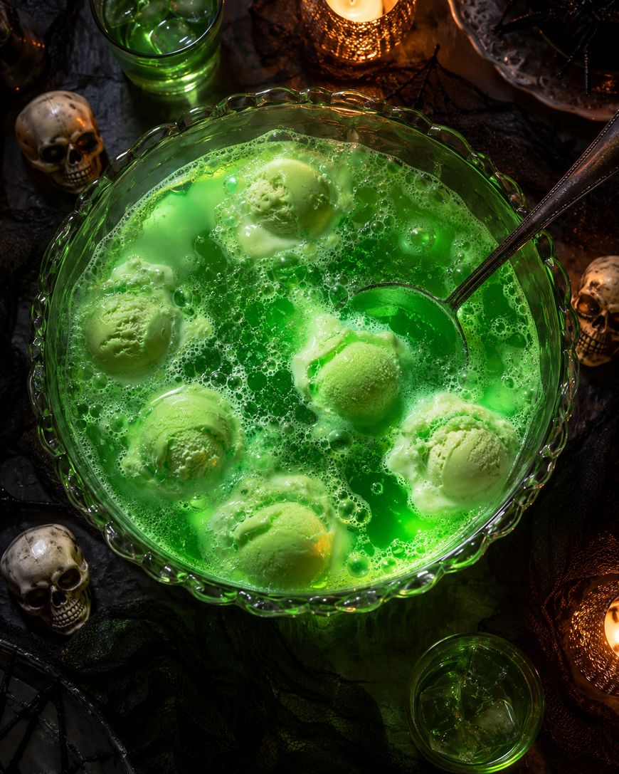 A glass bowl of green punch with scoops of ice cream, surrounded by candles and small skull decorations, creating a spooky Halloween atmosphere.
