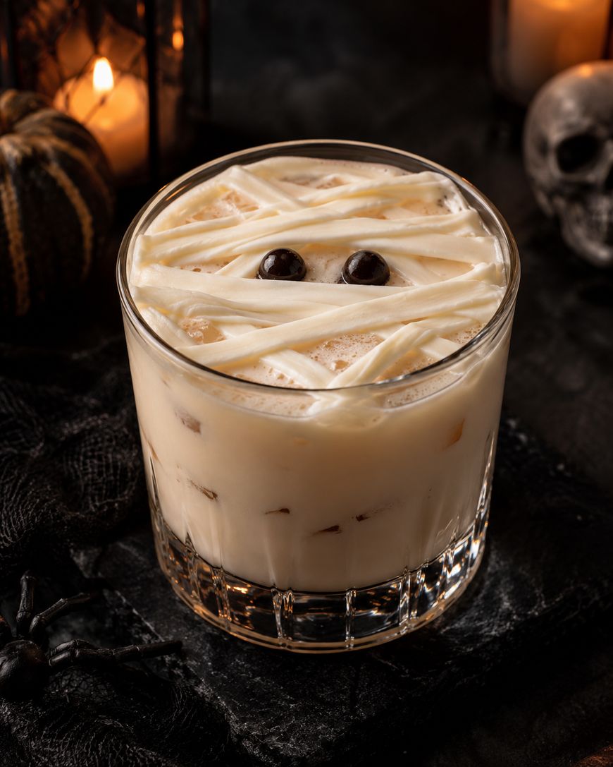 A creamy cocktail in a glass, decorated with white lines and two dark candies to resemble a mummy face. Halloween decorations, candles, and a skull are in the background.