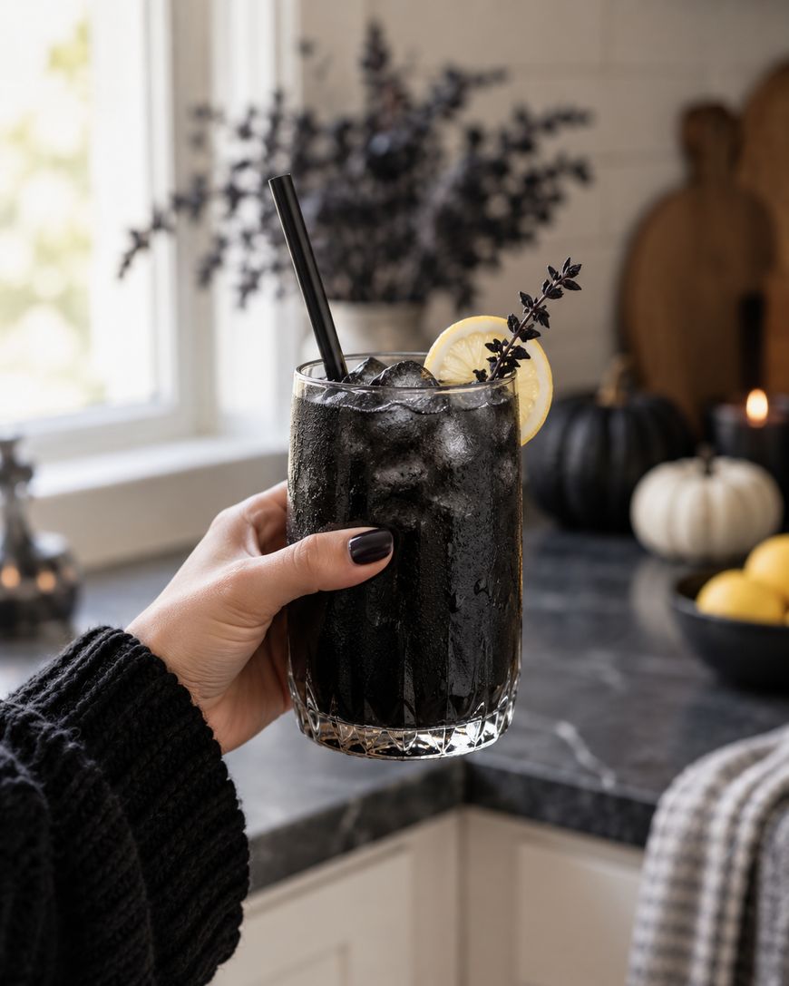 A hand with dark nail polish holds a glass of black iced drink garnished with a lemon slice and a sprig of herbs, with a straw. The background features pumpkins, lemons, and a cozy kitchen setting.