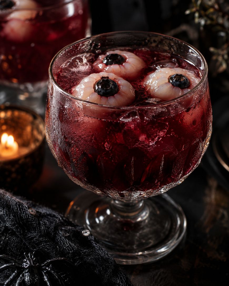 A goblet of red cocktail with ice and lychee eyeballs garnished with blueberries, creating a spooky, Halloween-themed drink. A candle and dark decorations sit nearby.