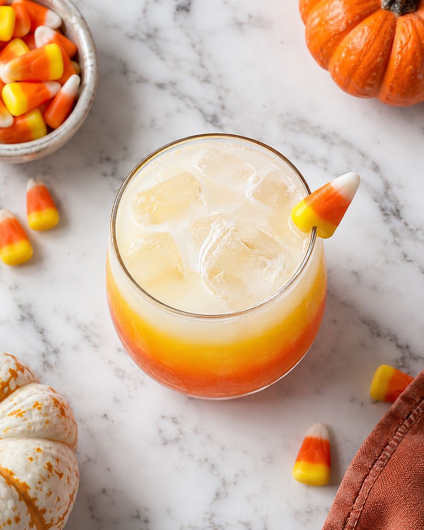 A glass filled with an orange and yellow layered drink, ice cubes, and a candy corn garnish sits on a marble surface with candy corn, small pumpkins, and a napkin nearby.