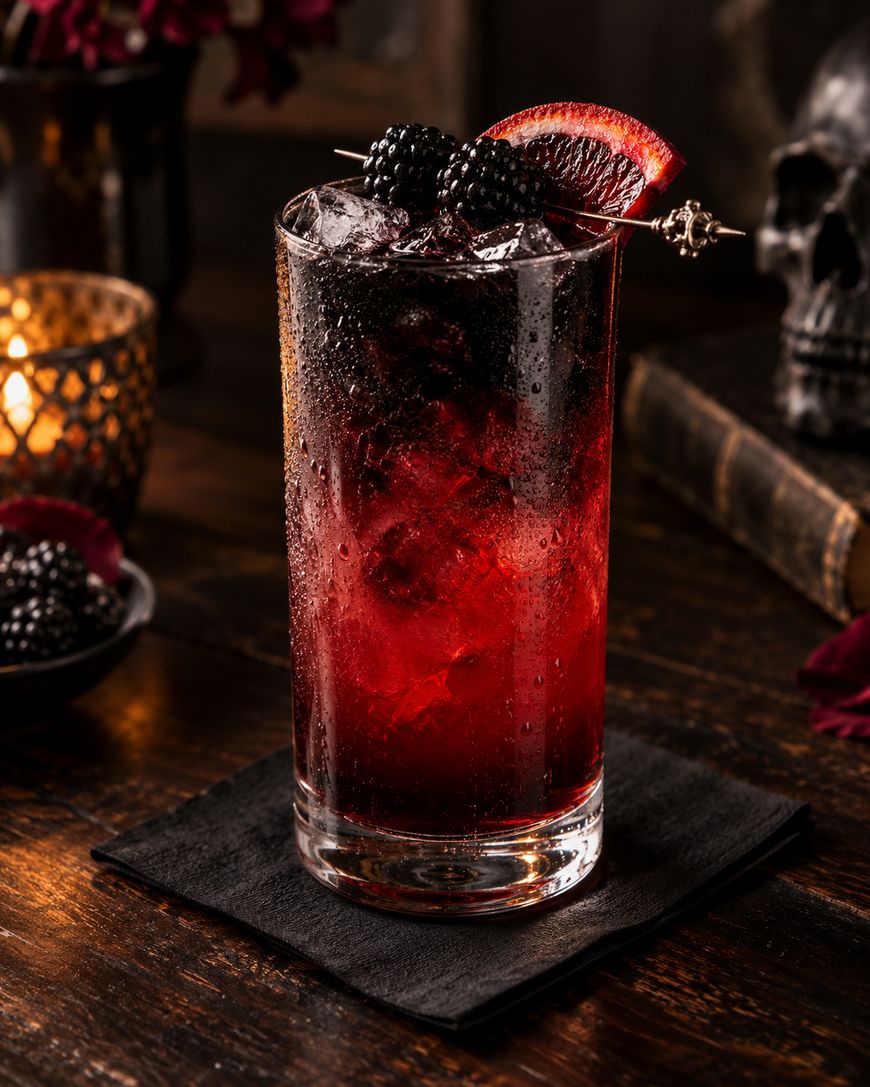 A tall glass of red cocktail with ice, garnished with fresh blackberries and a blood orange slice, sits on a black napkin on a dark wooden table. Lit candles and a skull decoration are in the background.