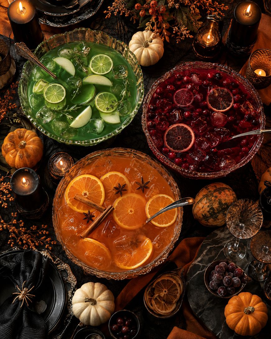 Three bowls of festive punch—green with apples, orange with orange slices, and red with cranberries and oranges—sit on a dark autumn-themed table decorated with candles, pumpkins, leaves, and glasses.