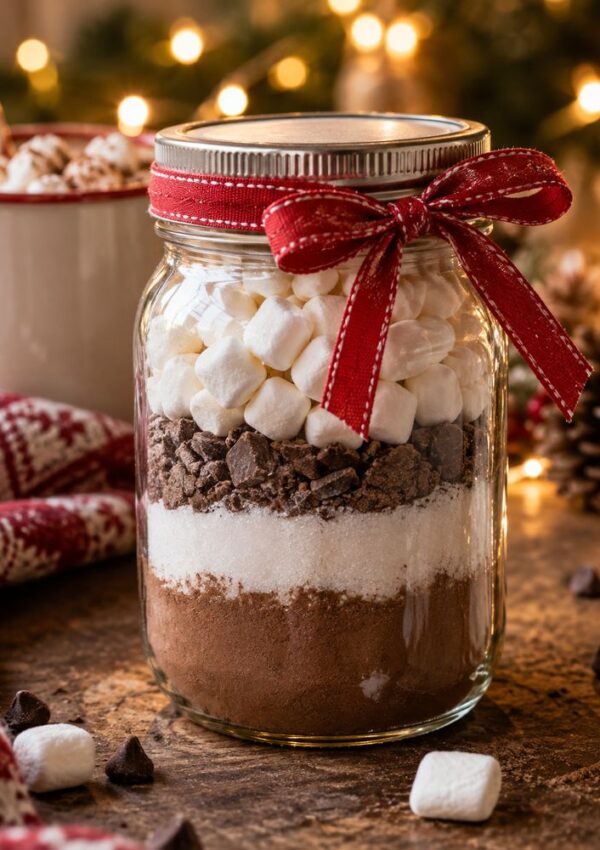 A jar filled with layered hot cocoa mix, chocolate chips, and mini marshmallows, tied with a red ribbon. Festive lights and a mug of hot cocoa are in the background.
