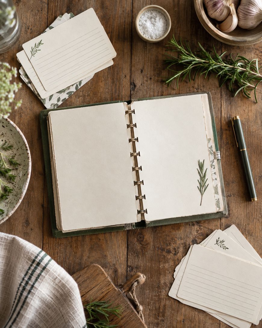 An open recipe book with blank pages and a sprig illustration, surrounded by herb sprigs, notecards, a pen, garlic, salt, and a striped cloth on a rustic wooden table.