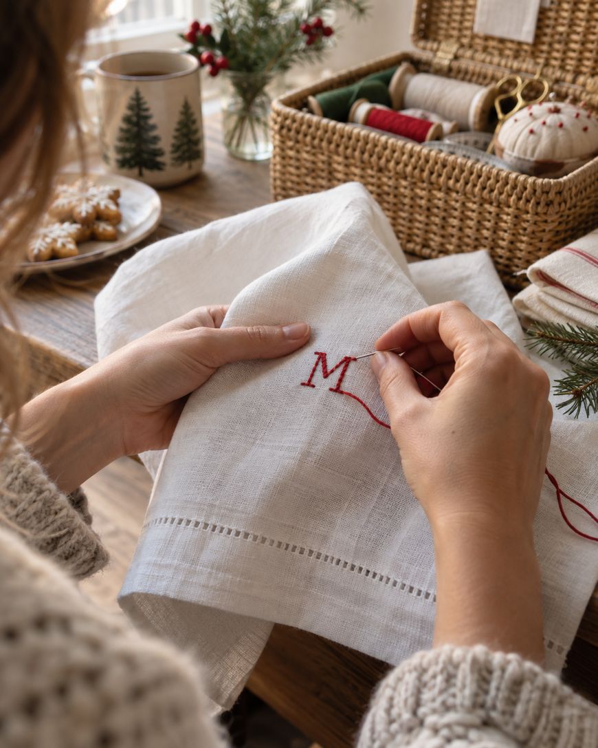 A person hand-embroiders the letter M with red thread on a white cloth. Sewing supplies, cookies, and a mug with tree designs are on the wooden table nearby.