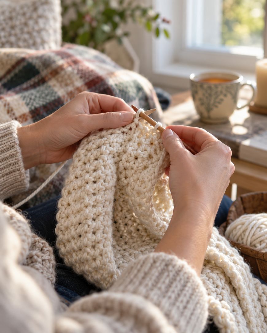 Close-up of hands knitting a cream-colored piece with chunky yarn. A plaid blanket and a cup of tea are in the background, creating a cozy atmosphere near a window.