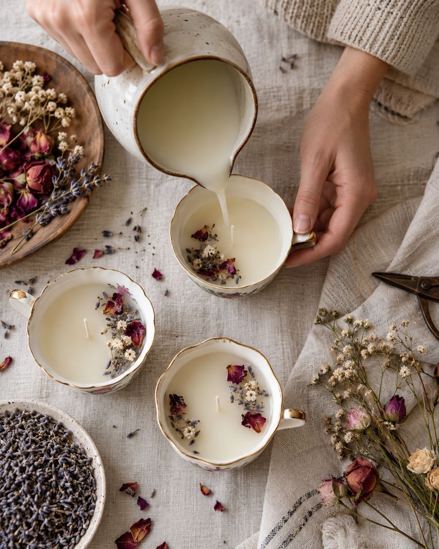 A person pours wax into teacups with dried flowers to make candles. Lavender, roses, and dried flowers are scattered on a linen tablecloth nearby.