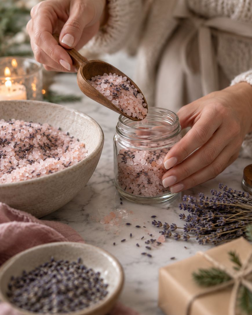 A person fills a glass jar with pink bath salts and dried lavender using a wooden scoop. Surrounding are bowls of salts, lavender sprigs, candles, and a wrapped gift on a marble table.